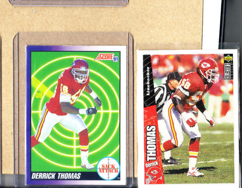 Derrick Thomas-2 Card Lot-1991 Score Sack Attack+1996 Upper Deck-Chiefs-NMMT