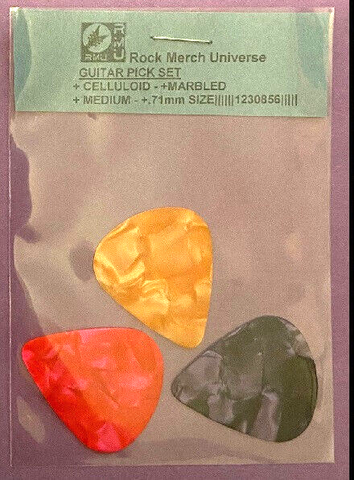 Guitar Pick Set-3-Celluloid-Marbled-Medium-.71mm-Orange-Purple-Pink-Plectrum