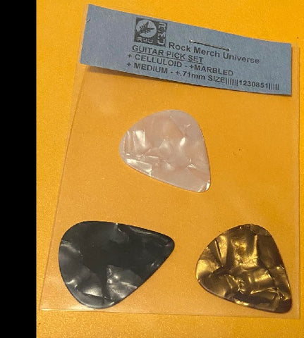 Guitar Pick Set-3-Celluloid-Marbled-Medium-.71mm-White-Black-Gold-Plectrum