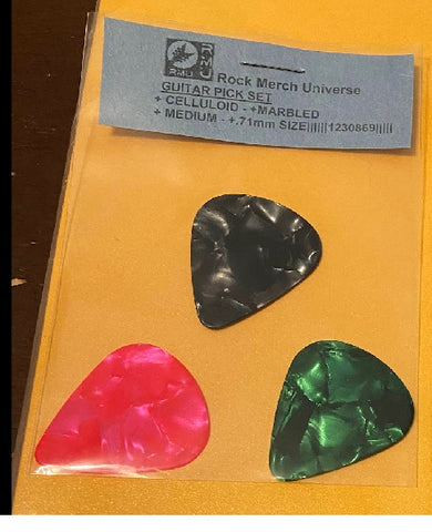 Guitar Pick Set-3-Celluloid-Marbled-Medium-.71mm-Pink-Black-Green-Plectrum