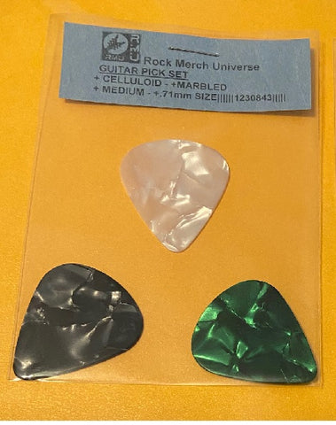 Guitar Pick Set-3-Celluloid-Marbled-Medium-.71mm-White-Black-Green-Plectrum