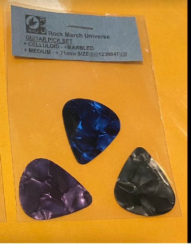 Guitar Pick Set-3-Celluloid-Marbled-Medium-.71mm-Purple-Blue-Black-Plectrum