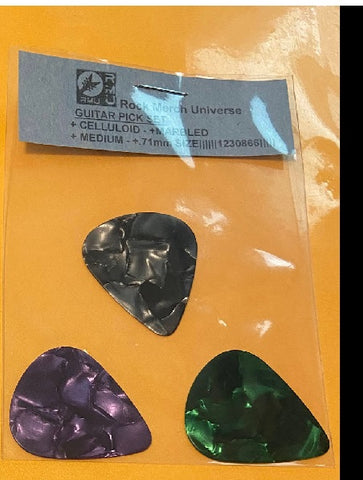 Guitar Pick Set-3-Celluloid-Marbled-Medium-.71mm-Purple-Black-Green-Plectrum