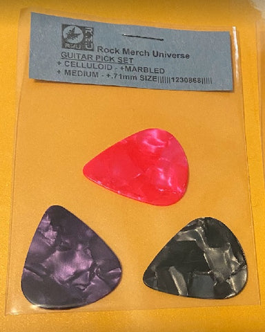 Guitar Pick Set-3-Celluloid-Marbled-Medium-.71mm-Purple-Pink-Black-Plectrum