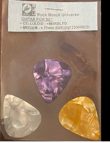 Guitar Pick Set-3-Celluloid-Marbled-Medium-.71mm-Orange-Purple-White-Plectrum