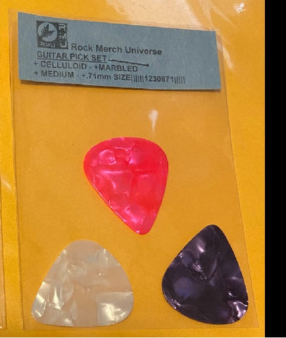 Guitar Pick Set-3-Celluloid-Marbled-Medium-.71mm-Pink-Purple-White-Plectrum