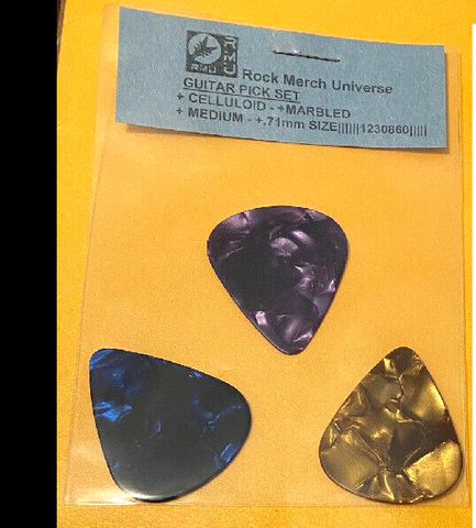 Guitar Pick Set-3-Celluloid-Marbled-Medium-.71mm-Blue-Purple-Gold-Plectrum
