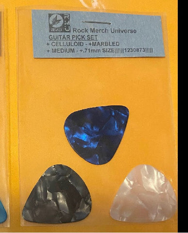 Guitar Pick Set-3-Celluloid-Marbled-Medium-.71mm-Blue-White-Black-Plectrum
