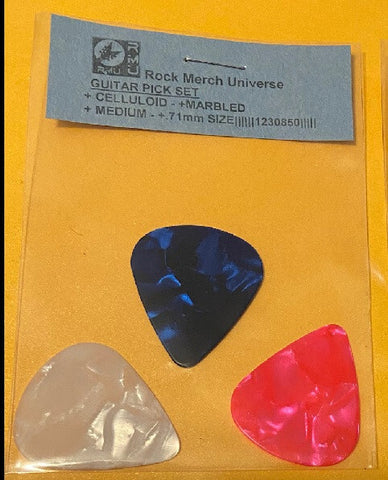 Guitar Pick Set-3-Celluloid-Marbled-Medium-.71mm-Pink-Blue-White-Plectrum
