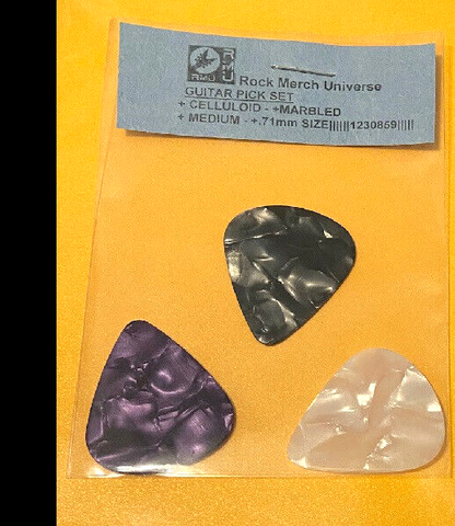 Guitar Pick Set-3-Celluloid-Marbled-Medium-.71mm-Black-White-Purple-Plectrum