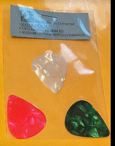 Guitar Pick Set-3-Celluloid-Marbled-Medium-.71mm-White-Pink-Green-Plectrum