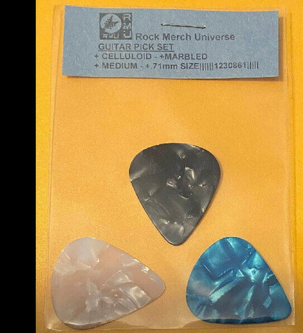 Guitar Pick Set-3-Celluloid-Marbled-Medium-.71mm-Turquoise-White-Black-Plectrum