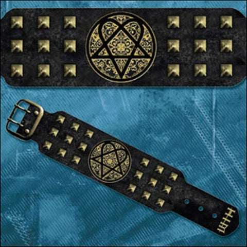 HIM - Gold Black Heartagram Logo - Leather Wristband