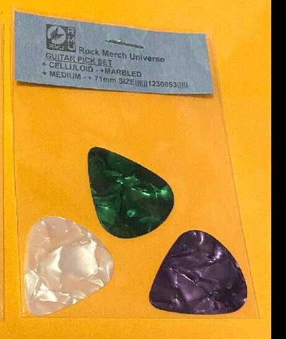 Guitar Pick Set-3-Celluloid-Marbled-Medium-.71mm-White-Purple-Green-Plectrum